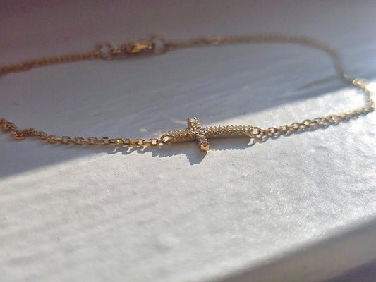 14K Solid Gold Handmade Sideway Cross Bracelet with Diamonds