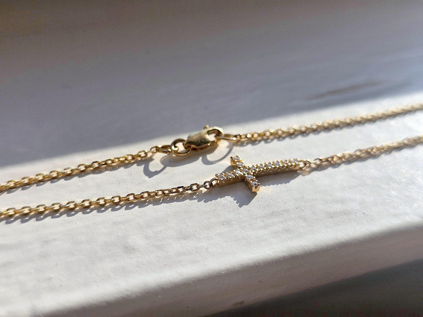 14K Solid Gold Handmade Sideway Cross Bracelet with Diamonds