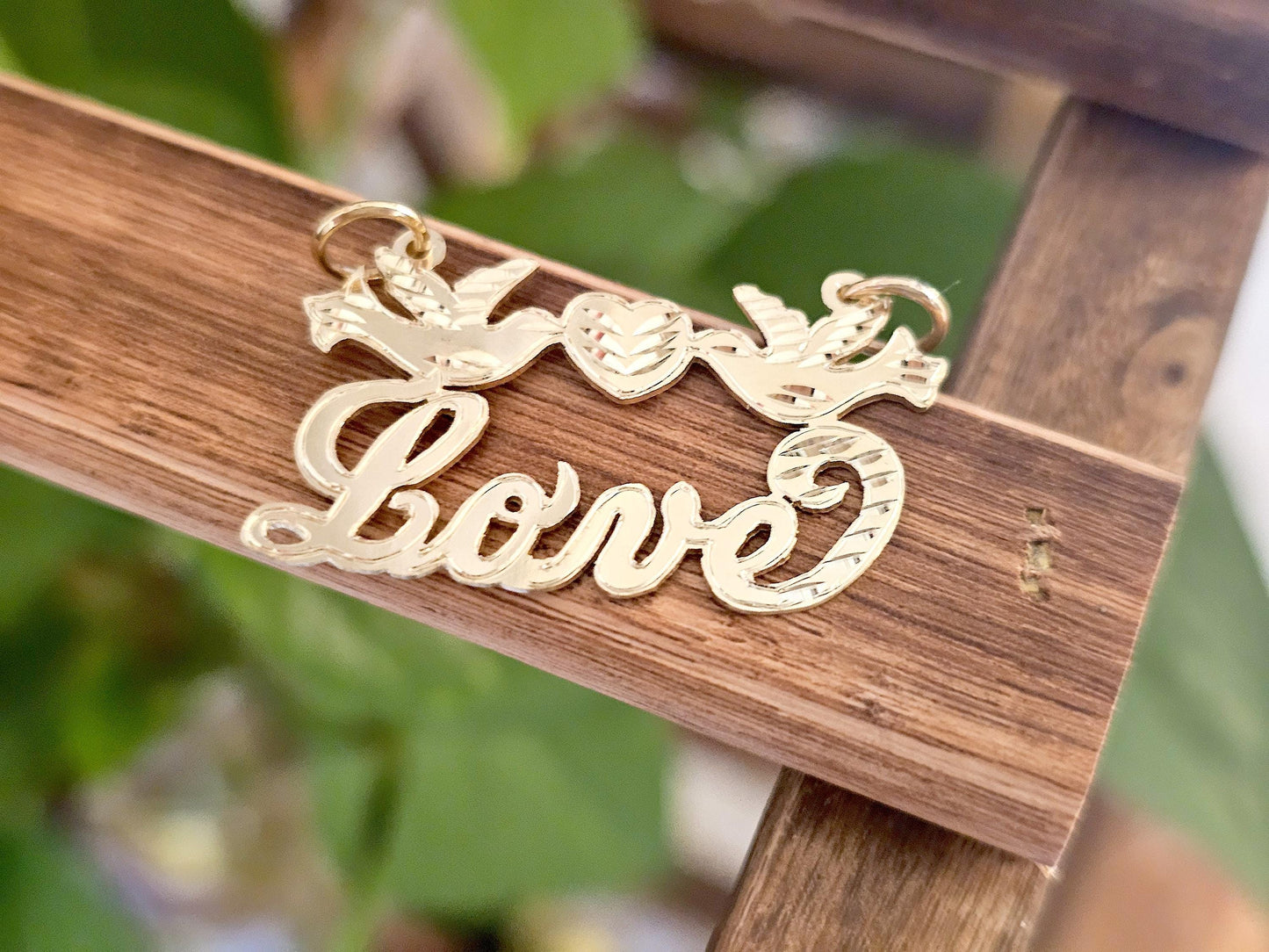 14K Solid Yellow Gold Name Pendant Necklace with Beautiful Doves and Heart
