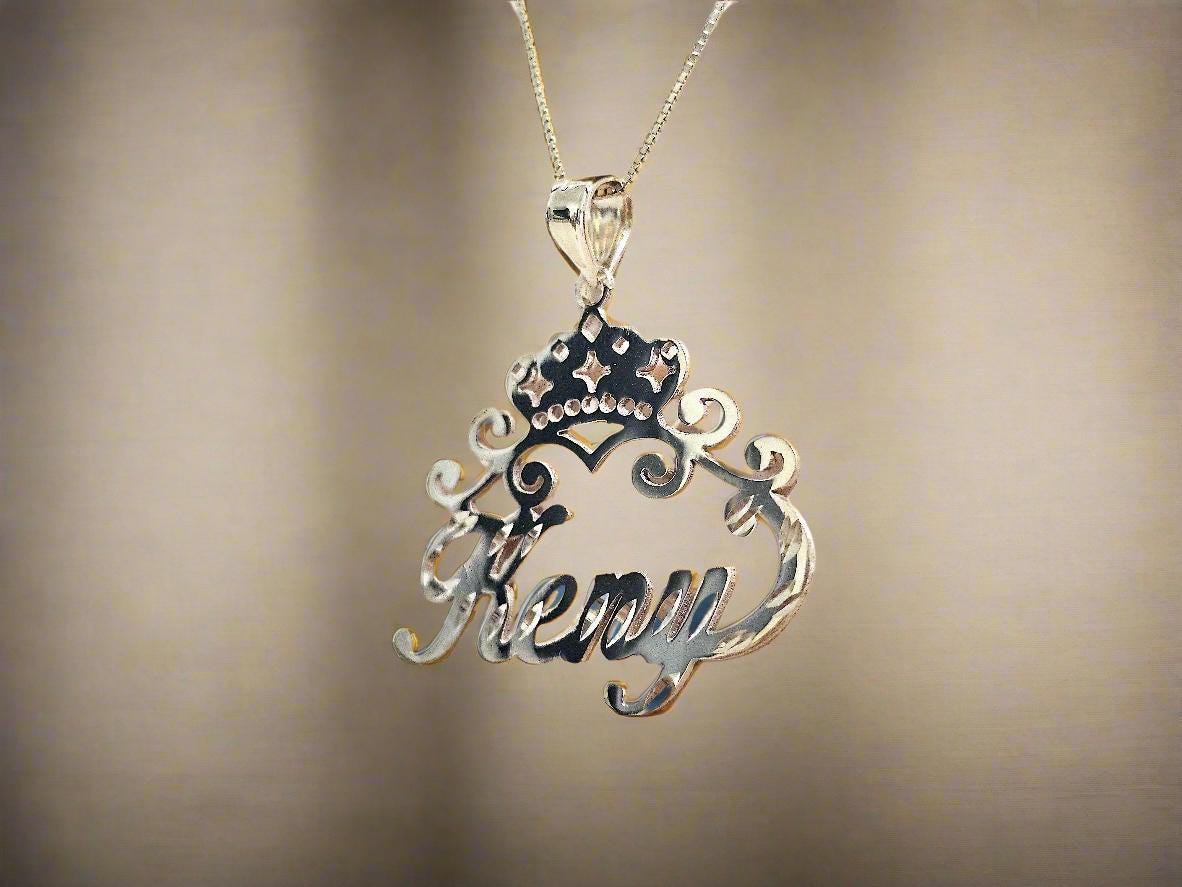 10K Solid Yellow Gold Personalized Custom Handmade Name Pendant with Crown