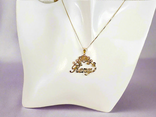 14K Solid Yellow Gold Personalized Custom Handmade Name Pendant with Crown