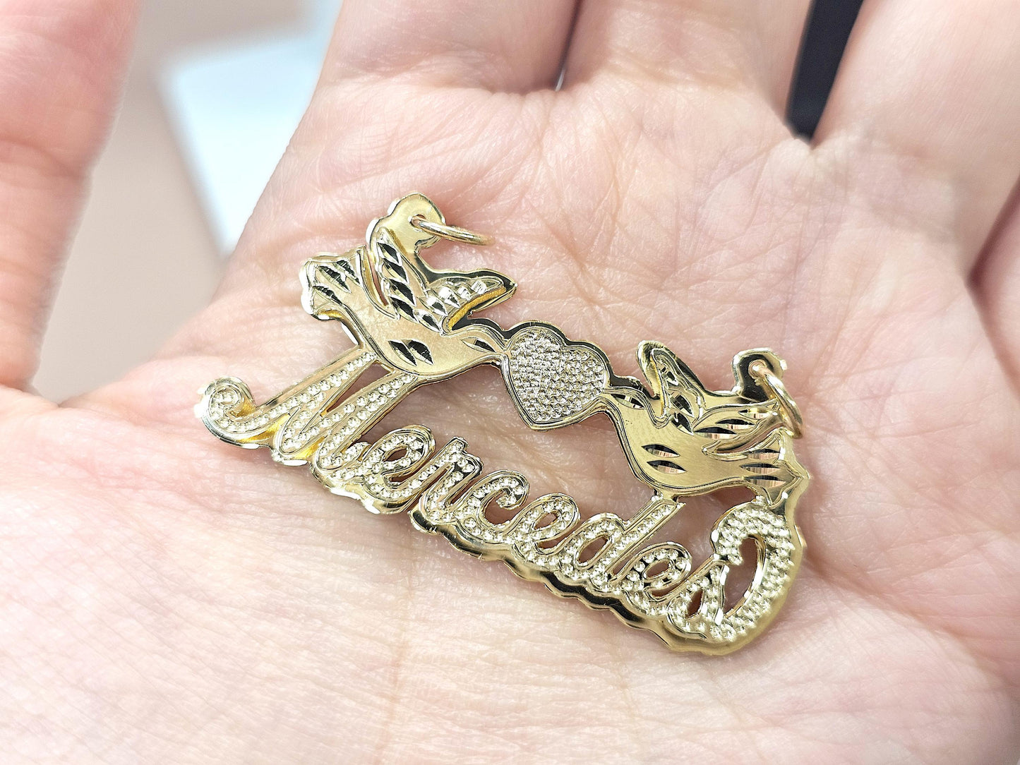 14K Solid Yellow Gold Cursive Dotted 3D Double Plated Name Pendant Necklace