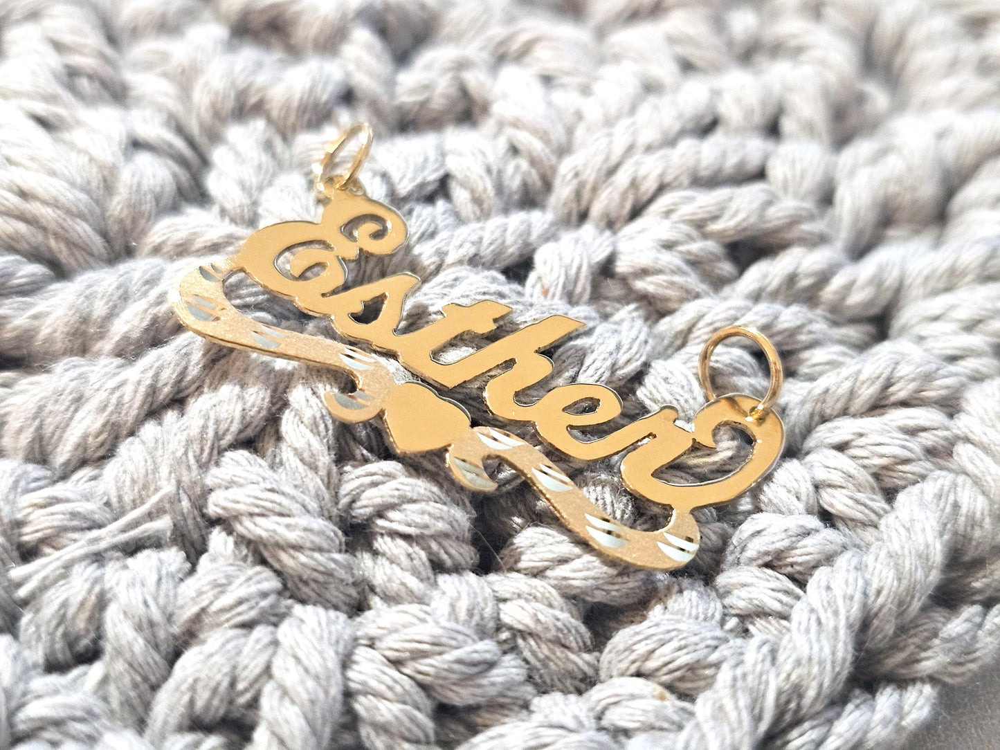 14K Solid Yellow Gold Name Pendant Necklace with Bottom Heart Ribbon
