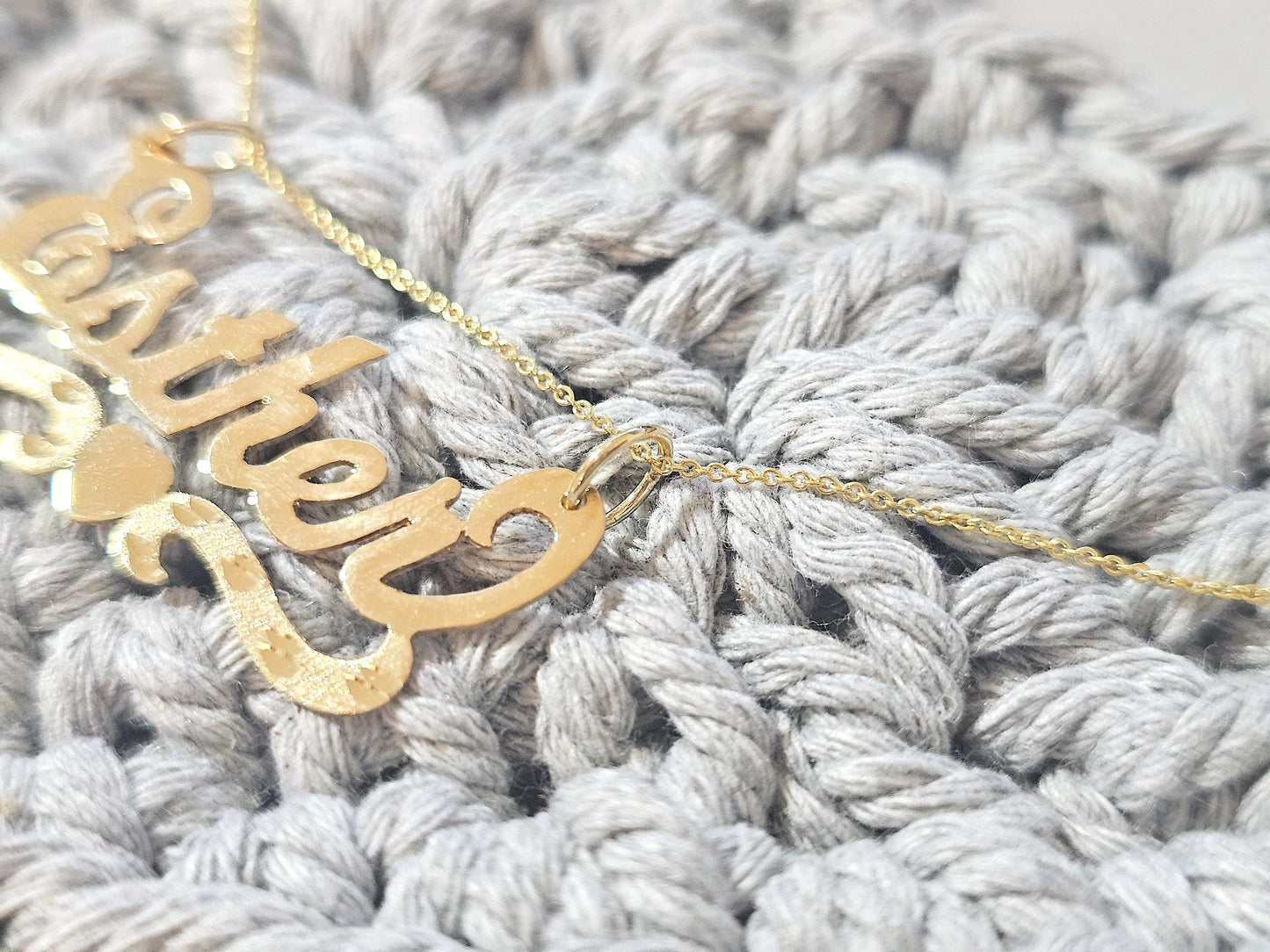 14K Solid Yellow Gold Name Pendant Necklace with Bottom Heart Ribbon