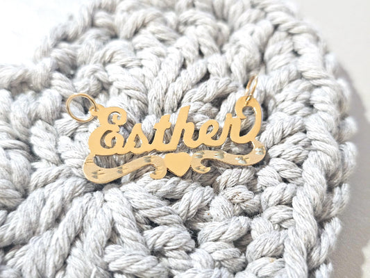 10K Solid Yellow Gold Name Pendant Necklace with Bottom Heart Ribbon