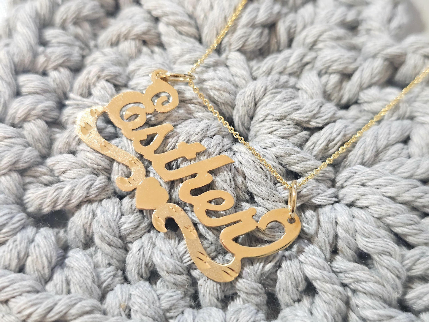 14K Solid Yellow Gold Name Pendant Necklace with Bottom Heart Ribbon