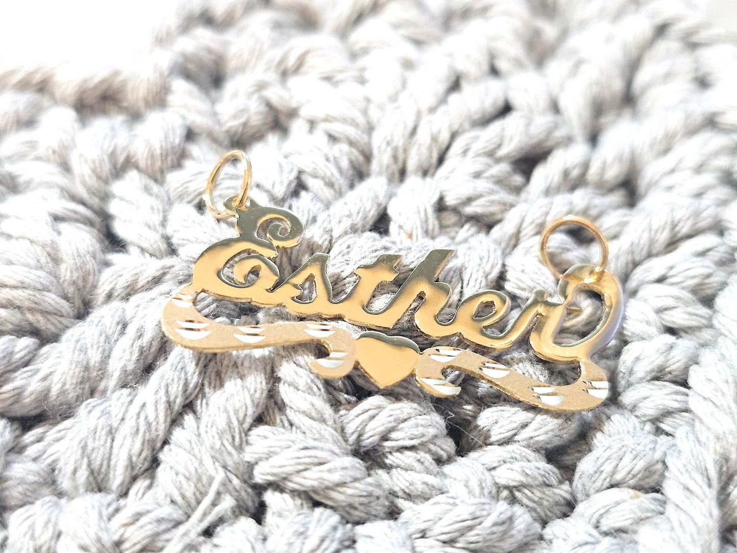 14K Solid Yellow Gold Name Pendant Necklace with Bottom Heart Ribbon