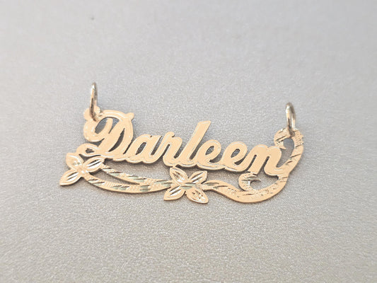 14K Solid Yellow Gold Name Pendant Necklace with Double Flower Ribbon