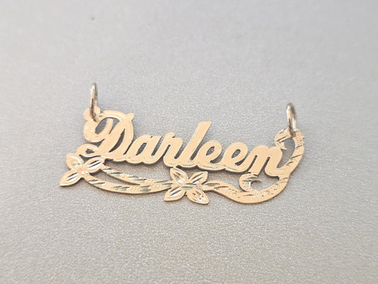 14K Solid Yellow Gold Name Pendant Necklace with Double Flower Ribbon