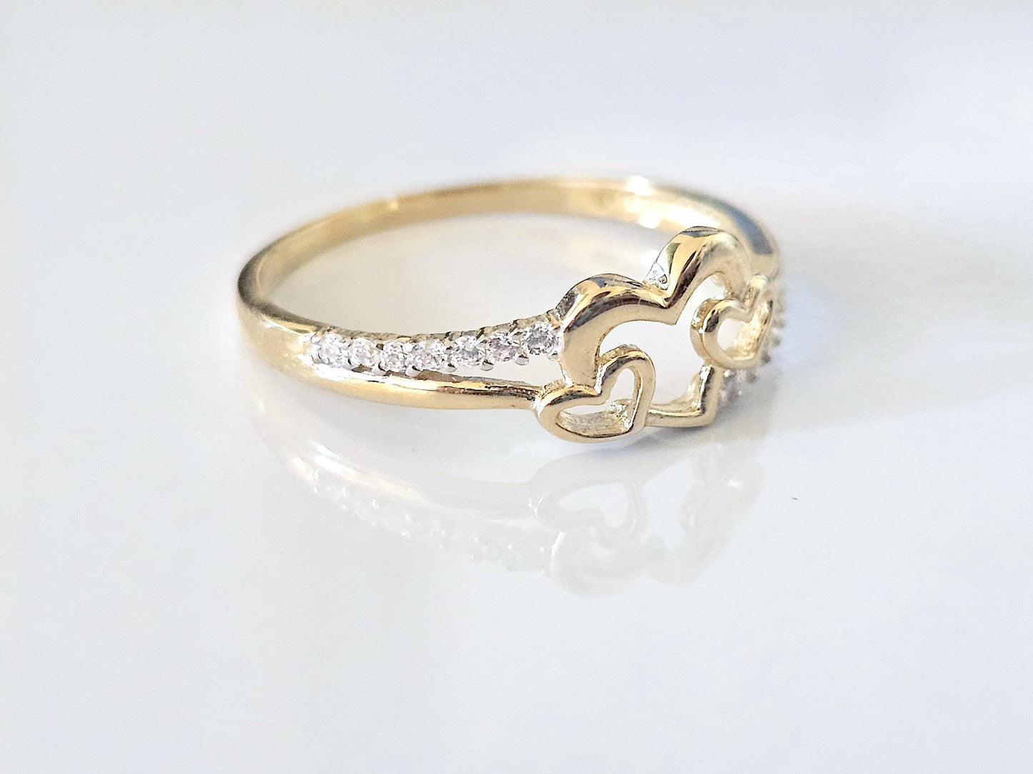 14K Solid Yellow Gold Three Hearts Ring Band with CZ Stones