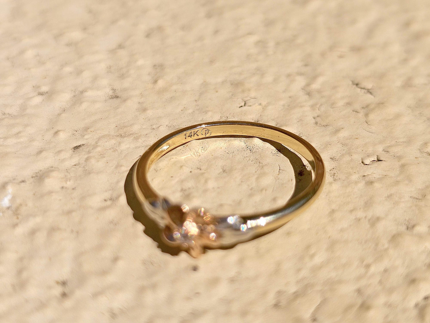 14K Solid Gold Small Flower Ring Band with CZ Stone