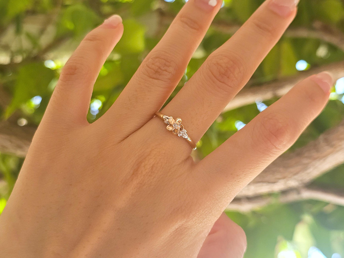 14K Solid Gold Small Flower Ring Band with CZ Stone