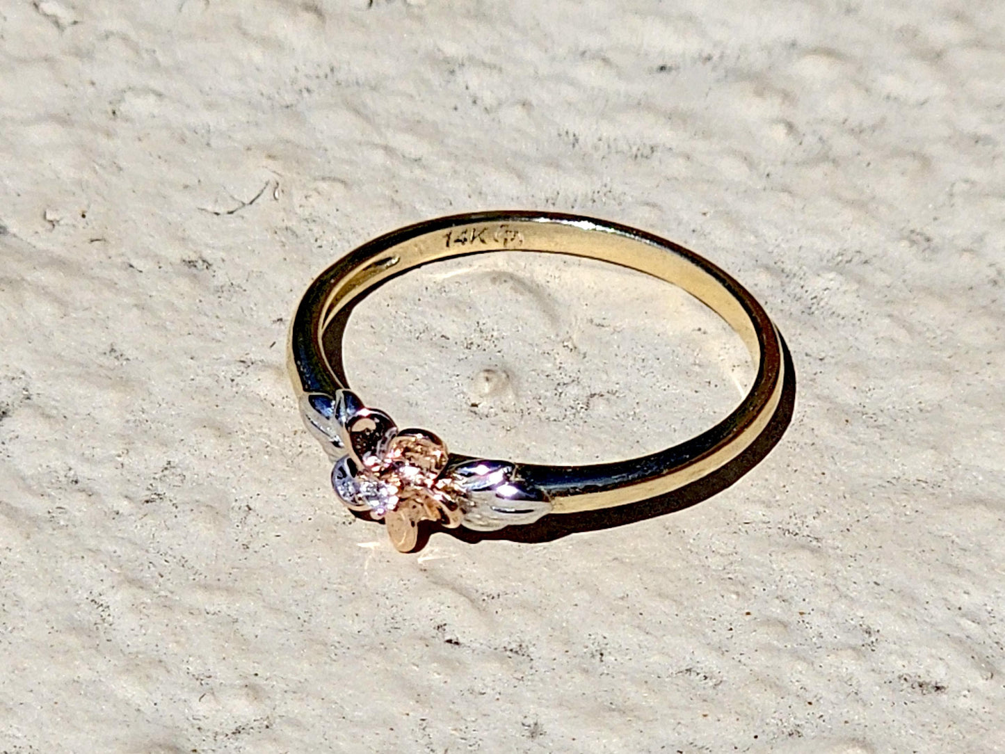 14K Solid Gold Small Flower Ring Band with CZ Stone