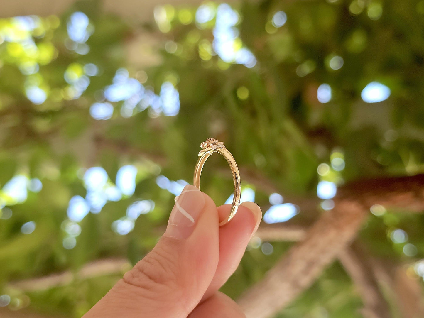 14K Solid Gold Small Flower Ring Band with CZ Stone