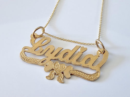 14K Solid Yellow Gold Name Pendant Necklace with Heart Bow Banner