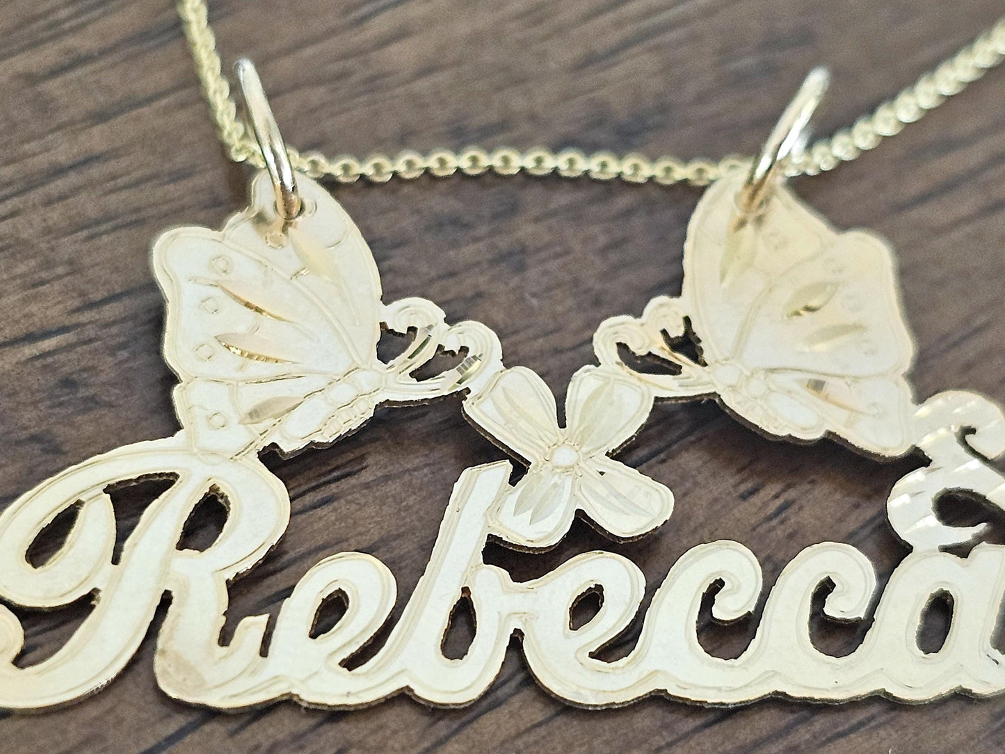 10K Solid Yellow Gold Name Pendant Necklace with Two Large Butterflies