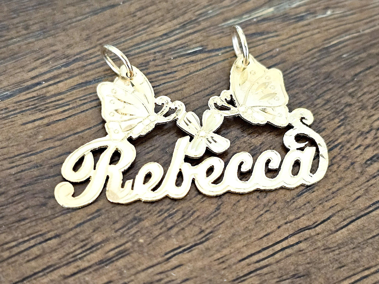 14K Solid Yellow Gold Name Pendant Necklace with Two Large Butterflies