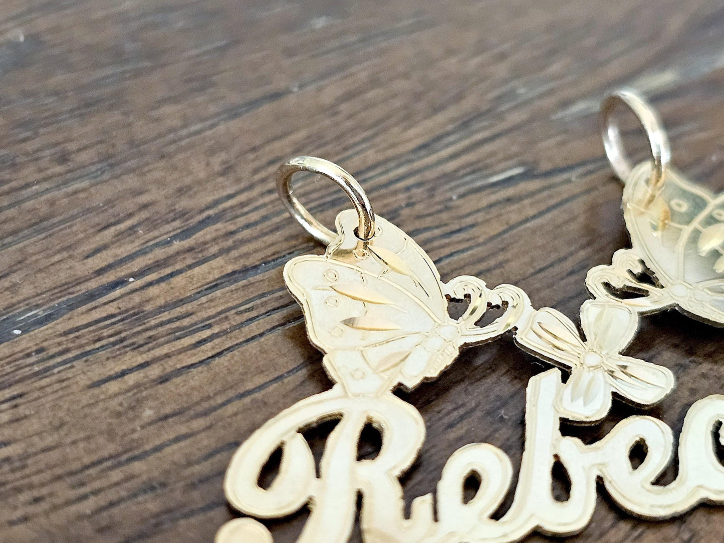 14K Solid Yellow Gold Name Pendant Necklace with Two Large Butterflies