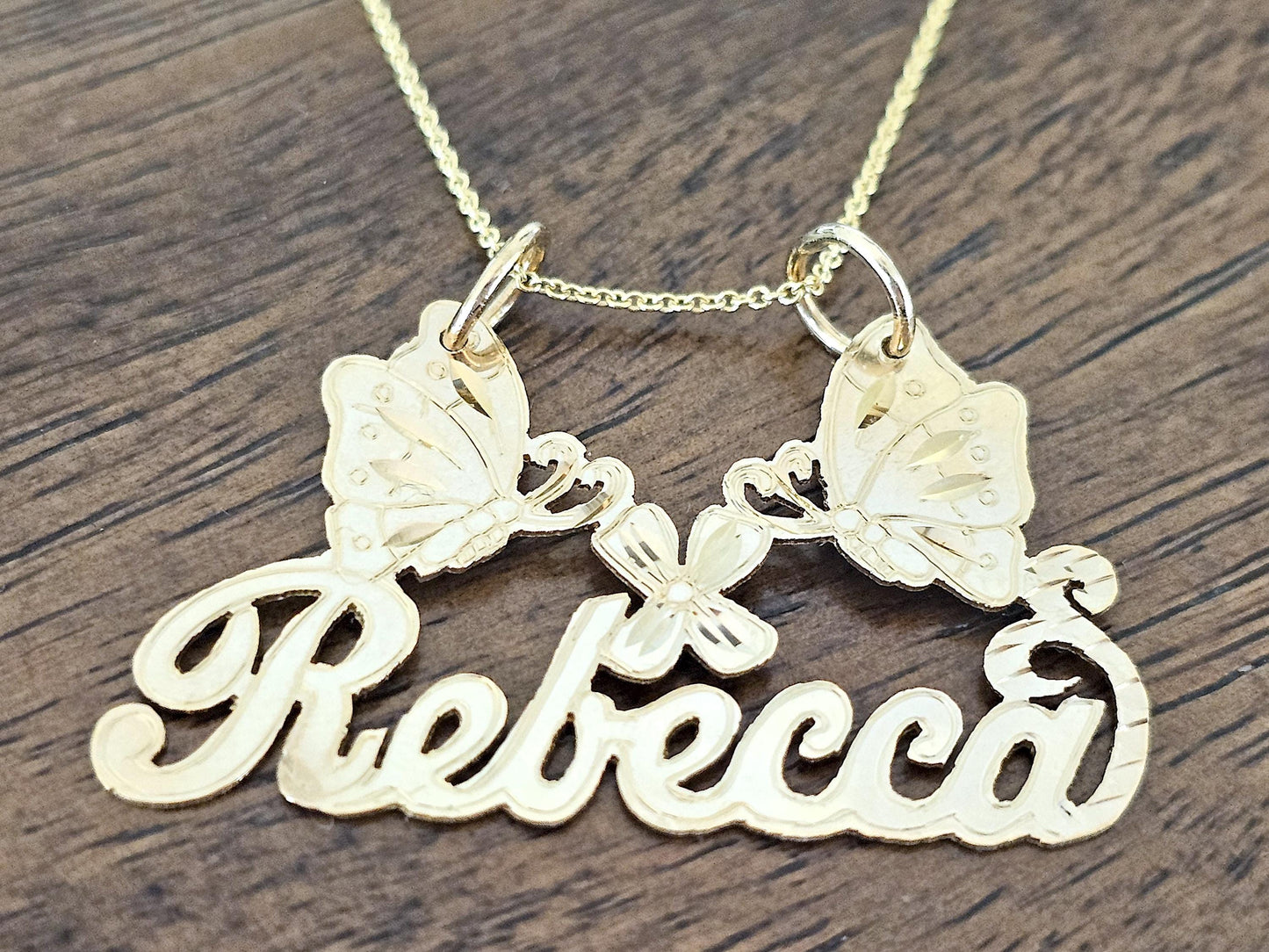 14K Solid Yellow Gold Name Pendant Necklace with Two Large Butterflies