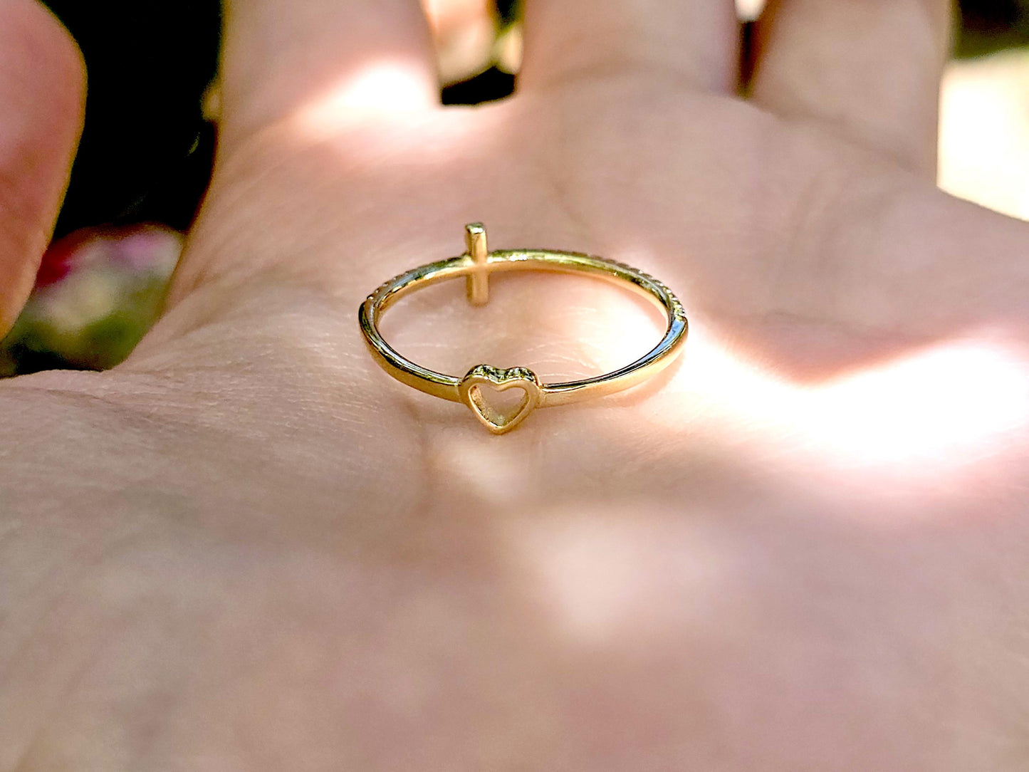14K Solid Yellow Gold Cross and Heart Two Sided Ring Band with CZ Stones