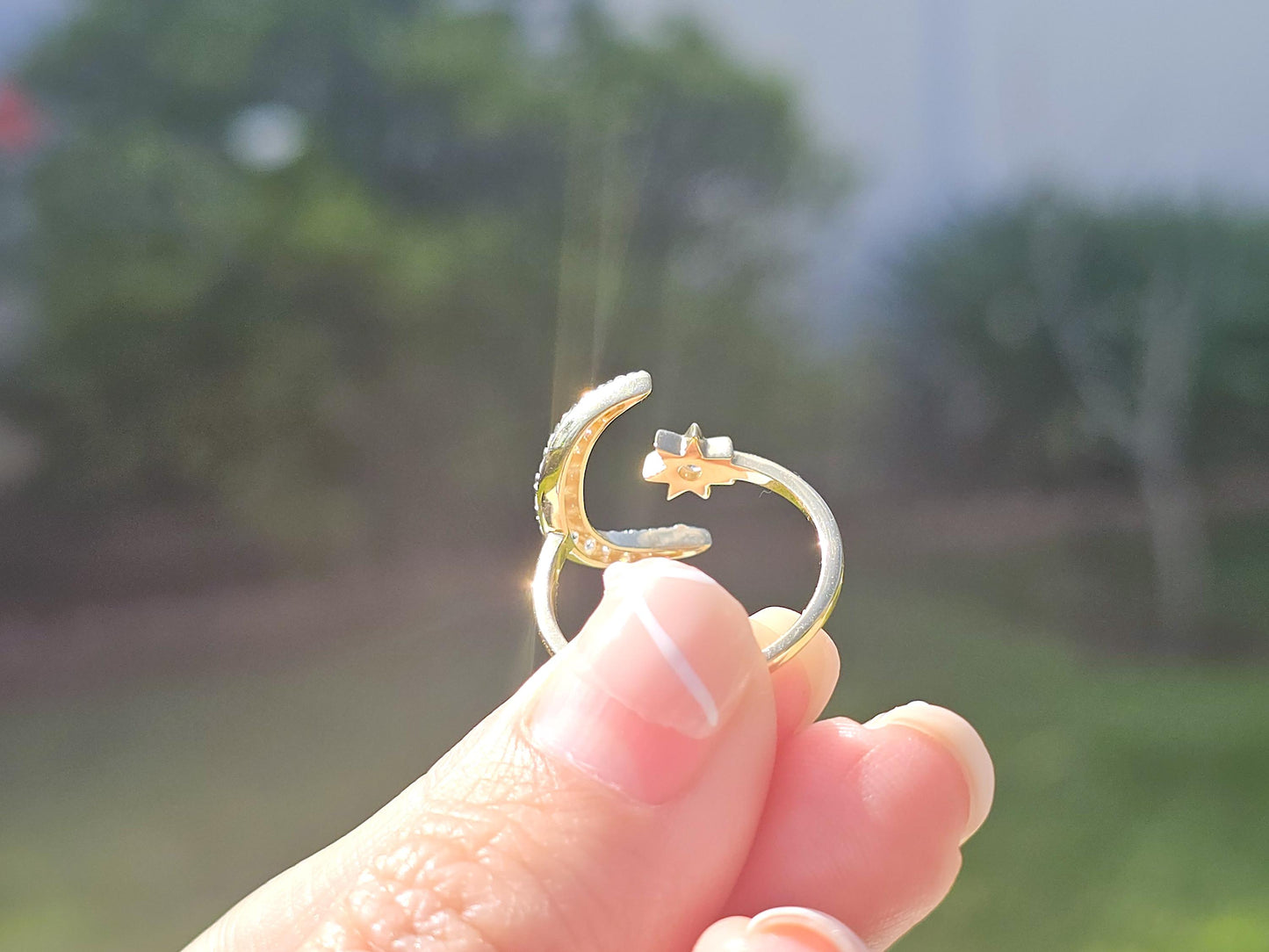 14K Solid Yellow Gold Large Moon and Mini Star Ring Band with CZ Stones