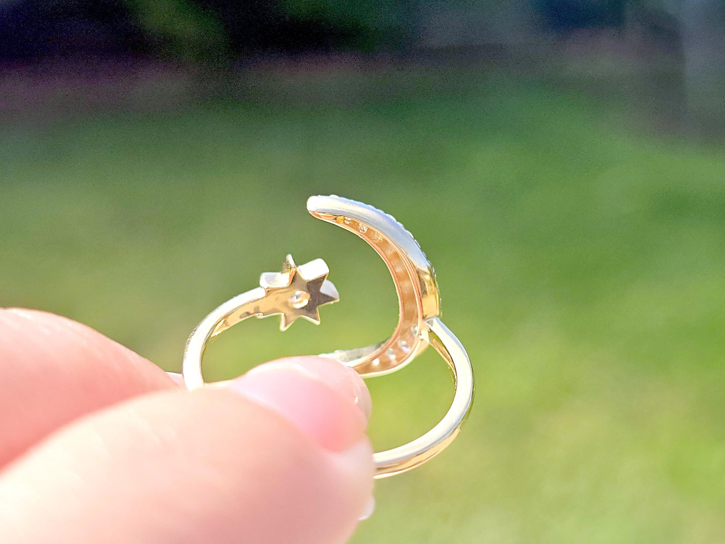 14K Solid Yellow Gold Large Moon and Mini Star Ring Band with CZ Stones