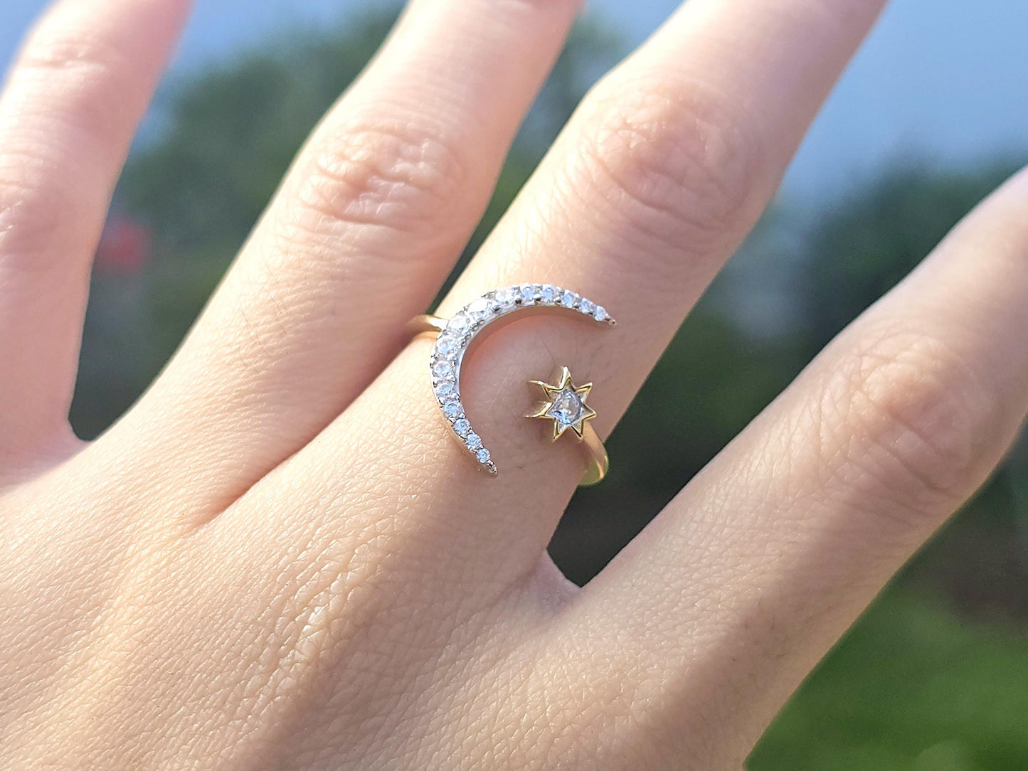 14K Solid Yellow Gold Large Moon and Mini Star Ring Band with CZ Stones