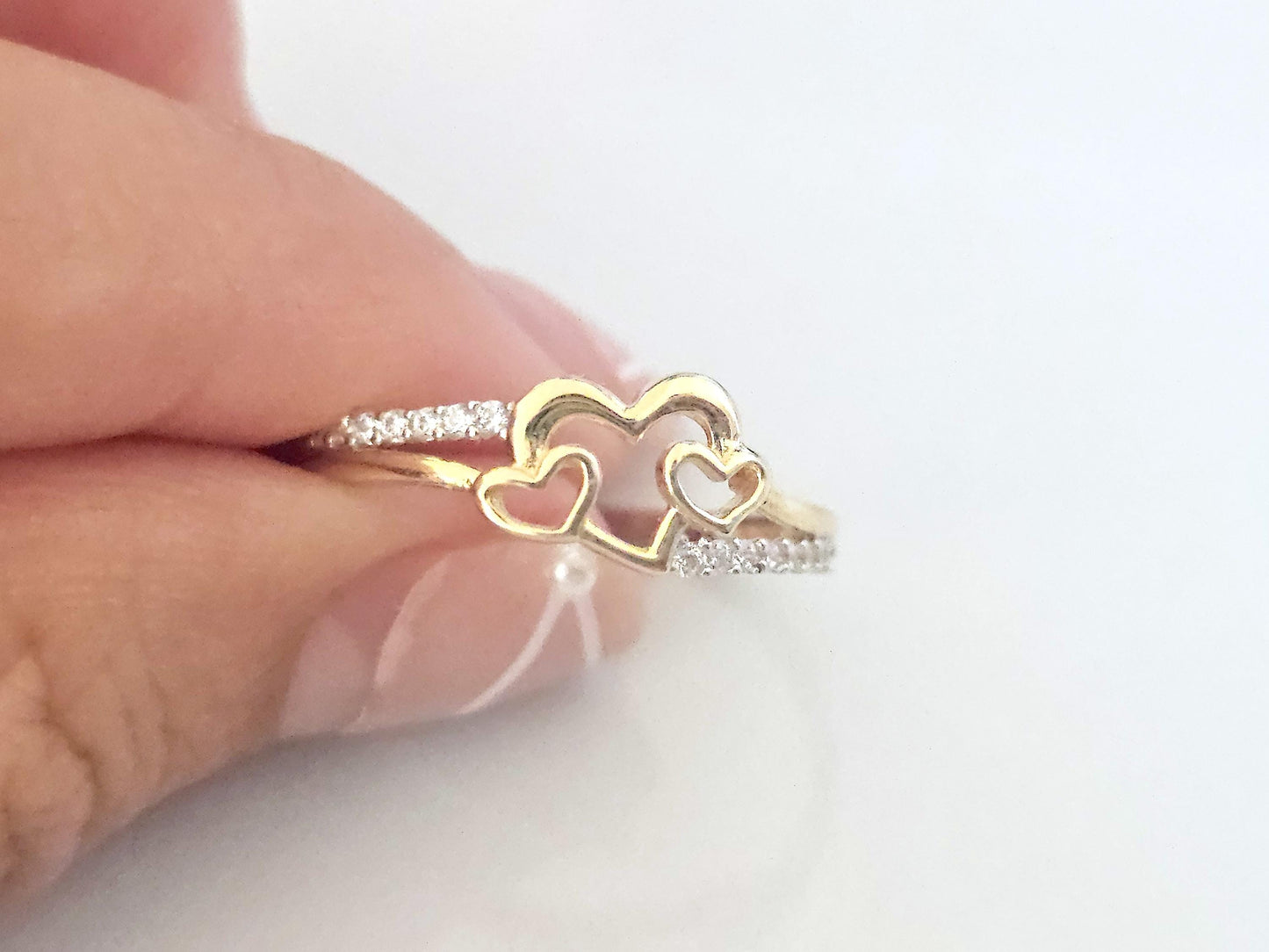 14K Solid Yellow Gold Three Hearts Ring Band with CZ Stones