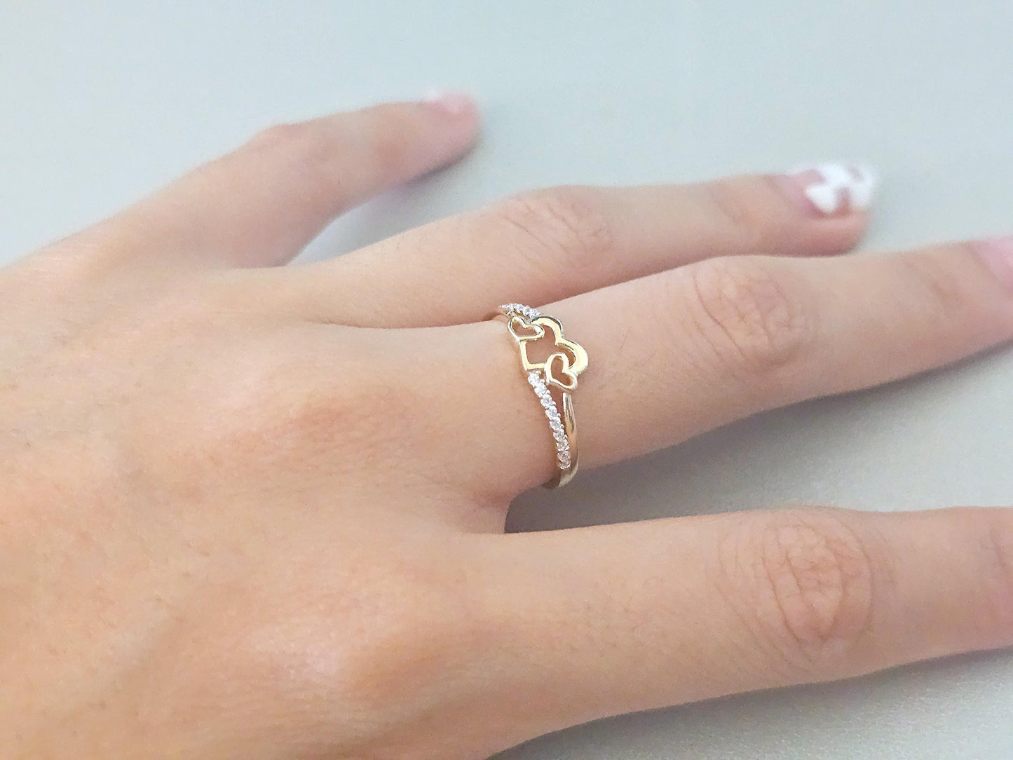 14K Solid Yellow Gold Three Hearts Ring Band with CZ Stones