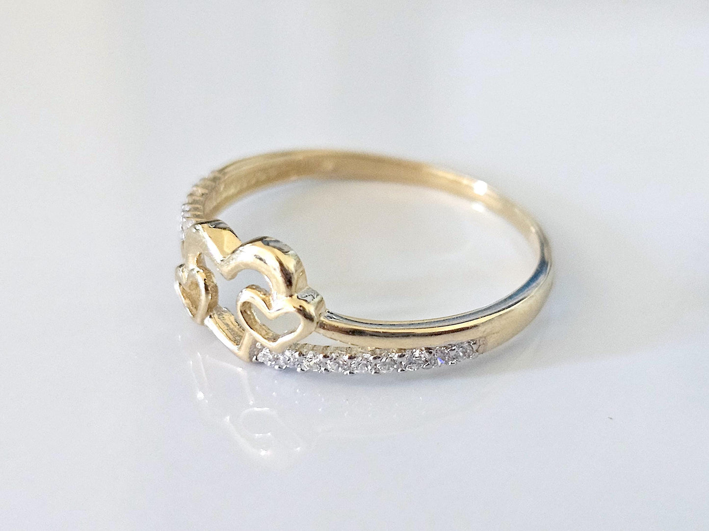 14K Solid Yellow Gold Three Hearts Ring Band with CZ Stones