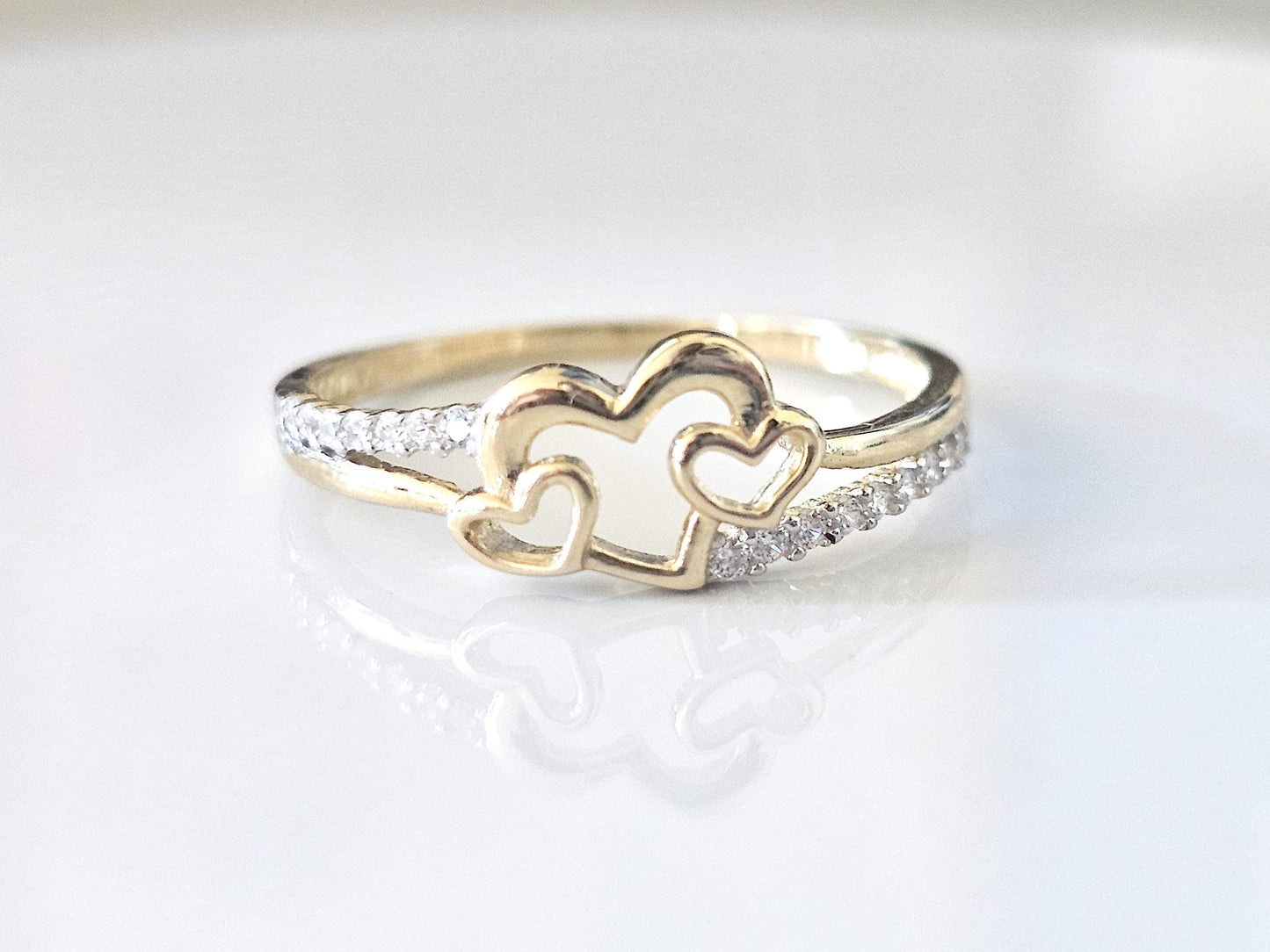14K Solid Yellow Gold Three Hearts Ring Band with CZ Stones