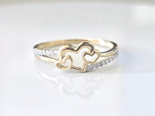 14K Solid Yellow Gold Three Hearts Ring Band with CZ Stones
