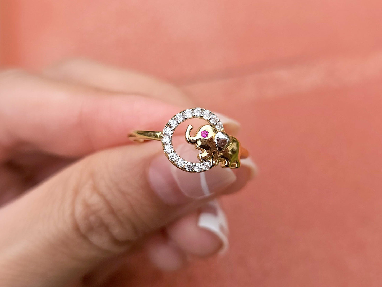 14K Solid Yellow Gold Elephant in a Circle Ring Band with CZ Stone