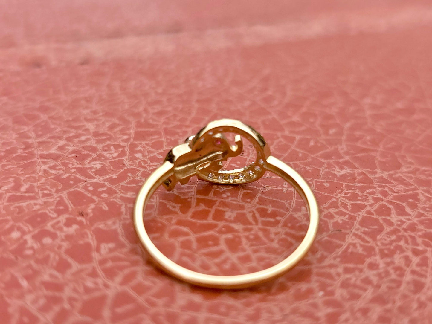 14K Solid Yellow Gold Elephant in a Circle Ring Band with CZ Stone