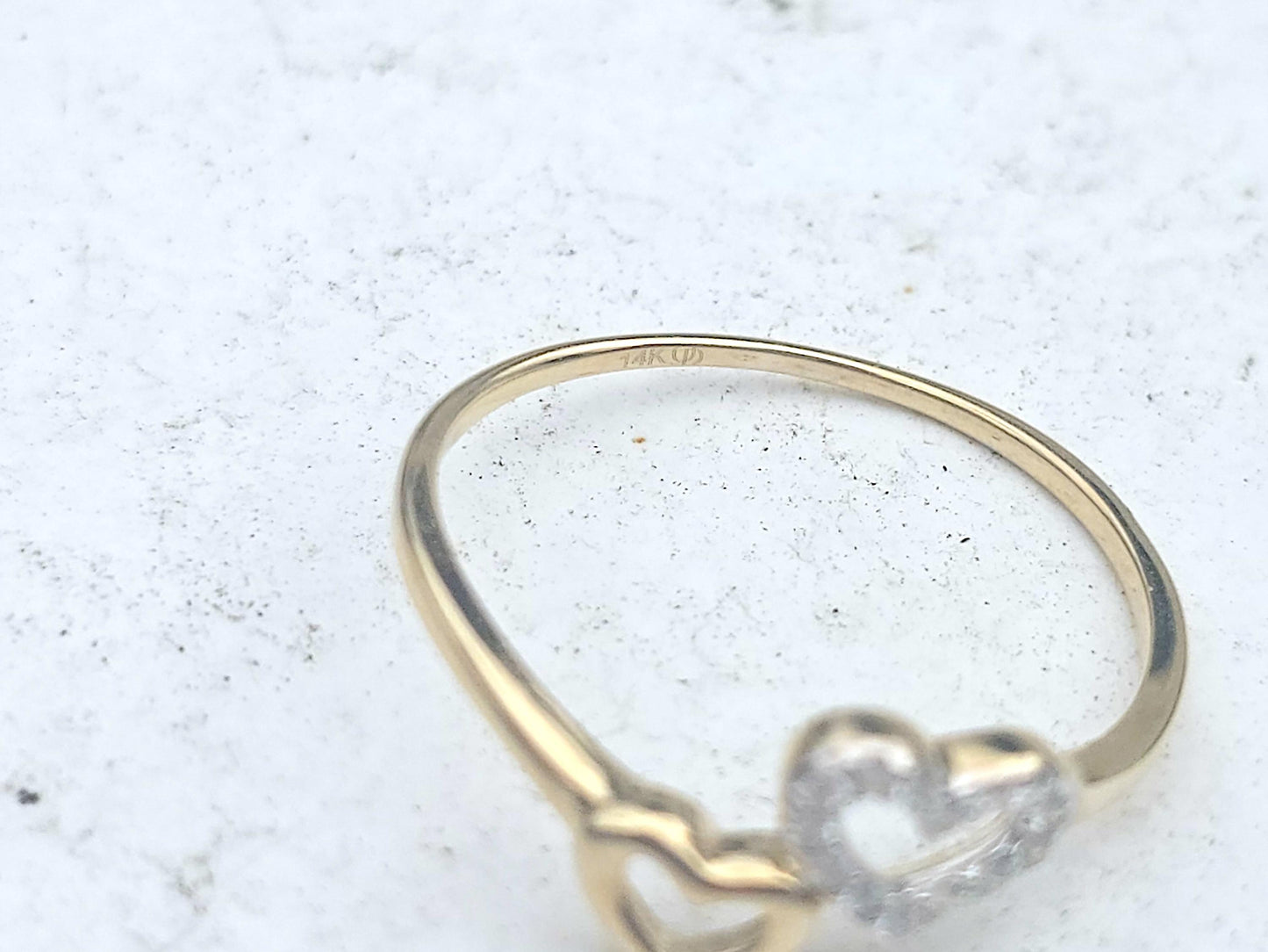 14K Solid Yellow Gold Two Hearts Ring Band with CZ Stones