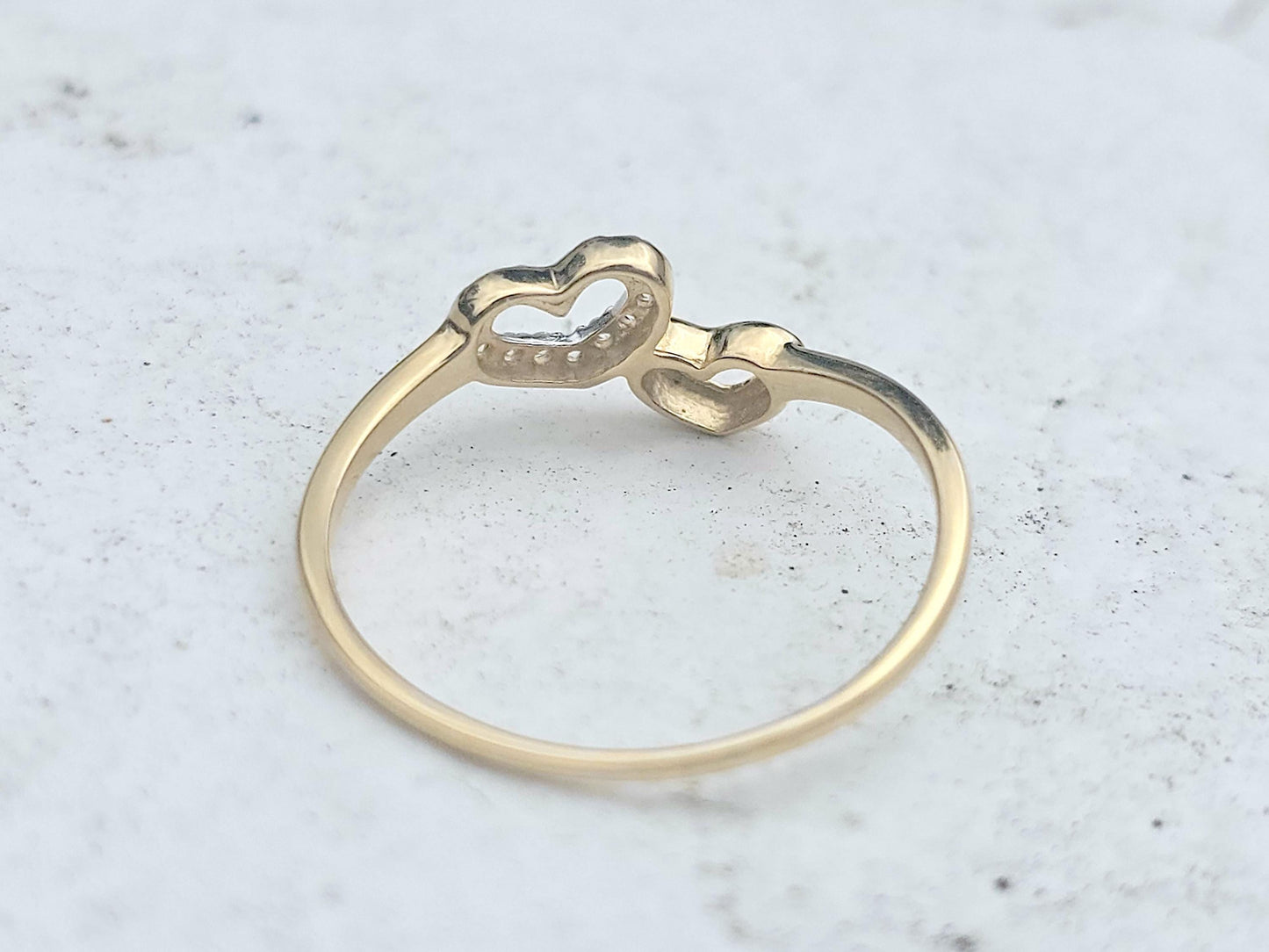 14K Solid Yellow Gold Two Hearts Ring Band with CZ Stones