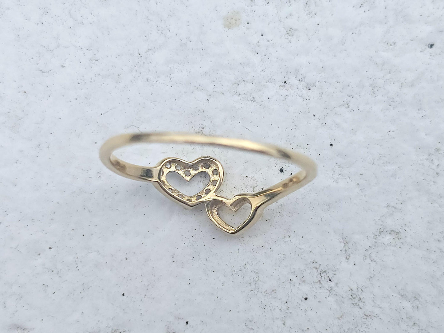 14K Solid Yellow Gold Two Hearts Ring Band with CZ Stones