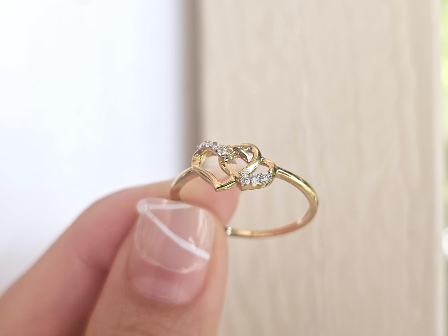 14K Solid Yellow Gold Two Hearts Interlocked Ring Band with CZ Stones