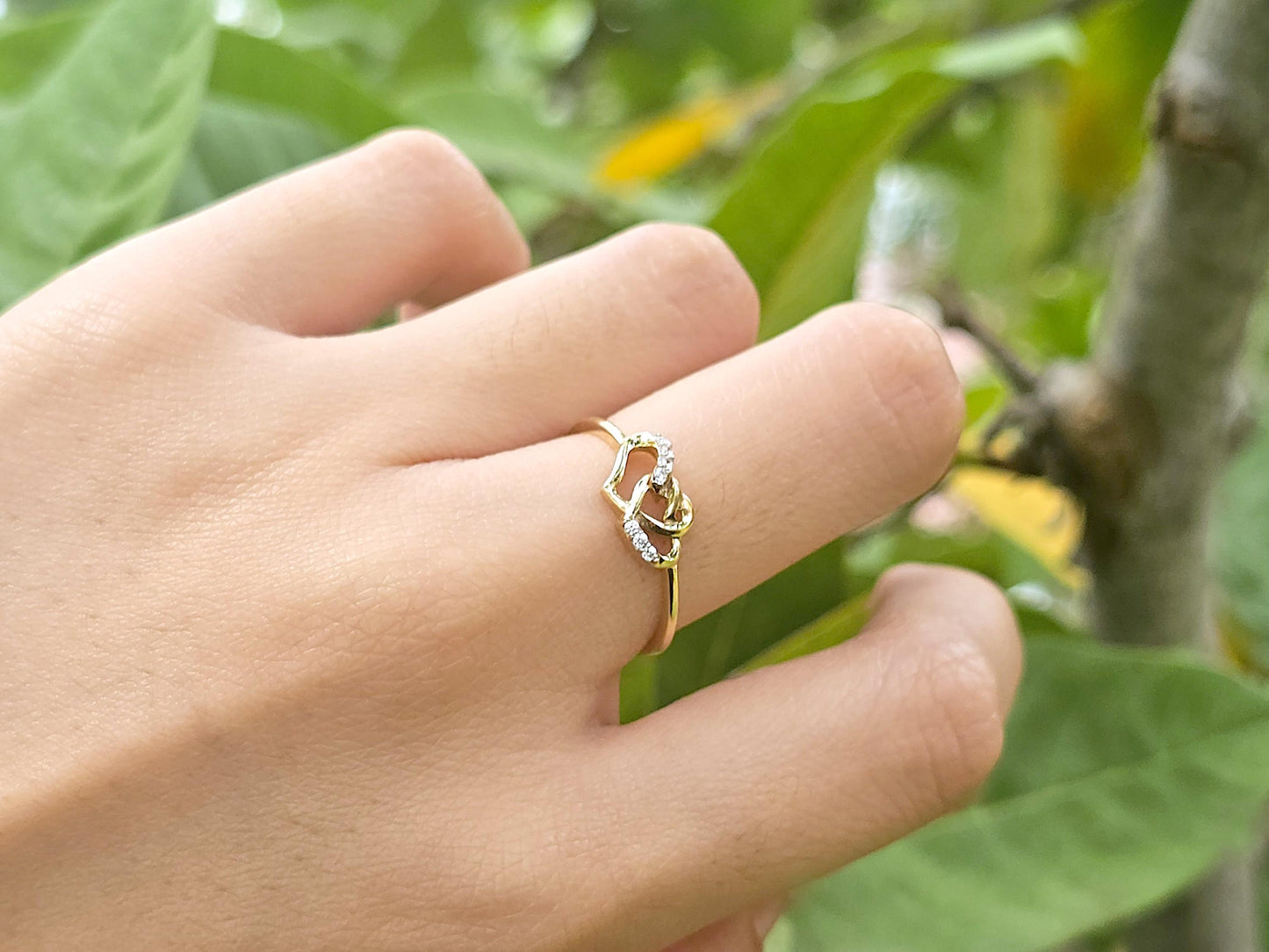 14K Solid Yellow Gold Two Hearts Interlocked Ring Band with CZ Stones