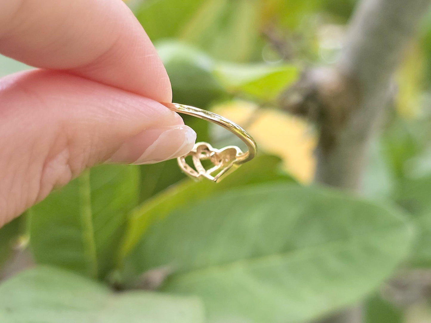 14K Solid Yellow Gold Two Hearts Interlocked Ring Band with CZ Stones