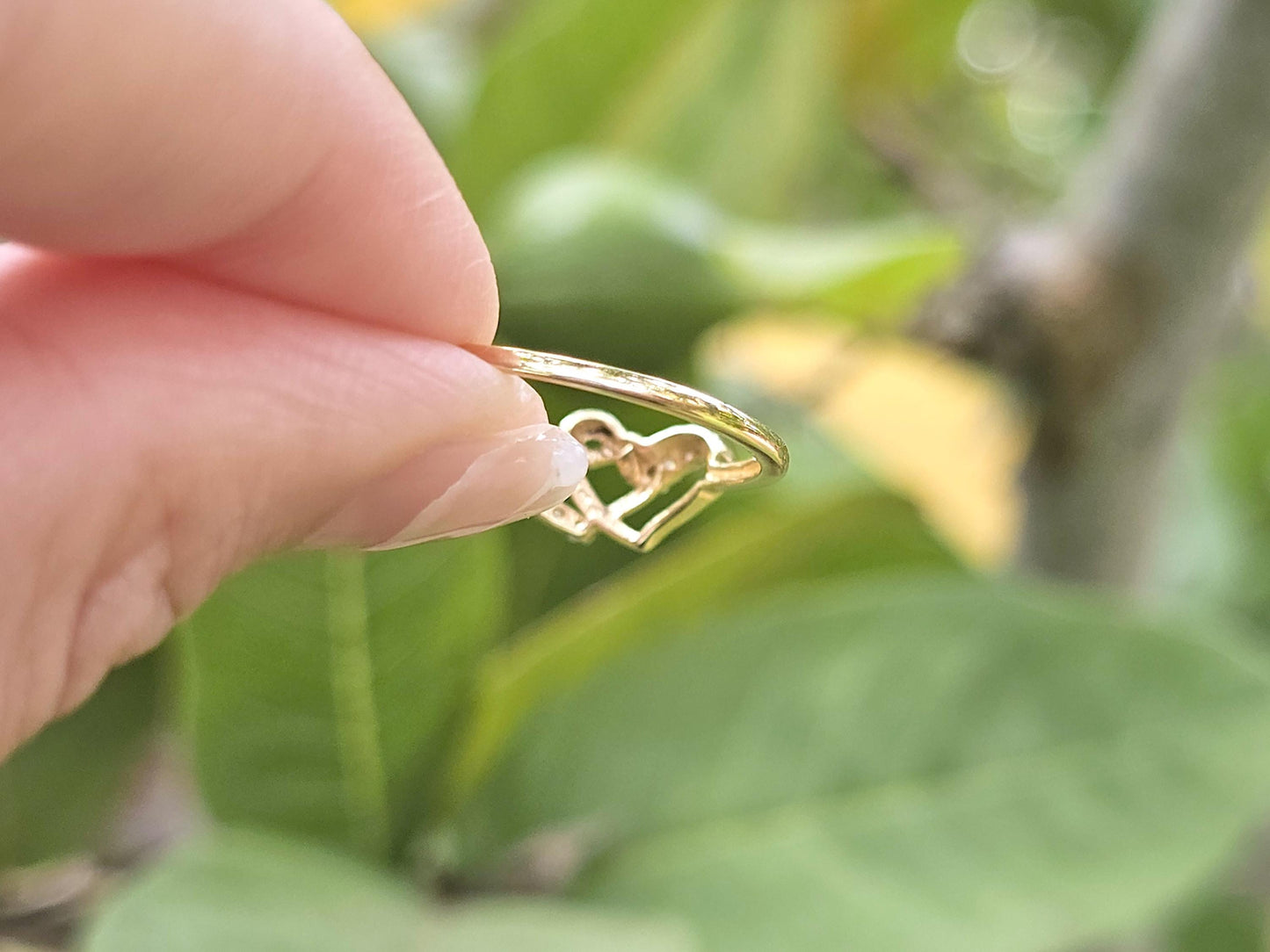 14K Solid Yellow Gold Two Hearts Interlocked Ring Band with CZ Stones