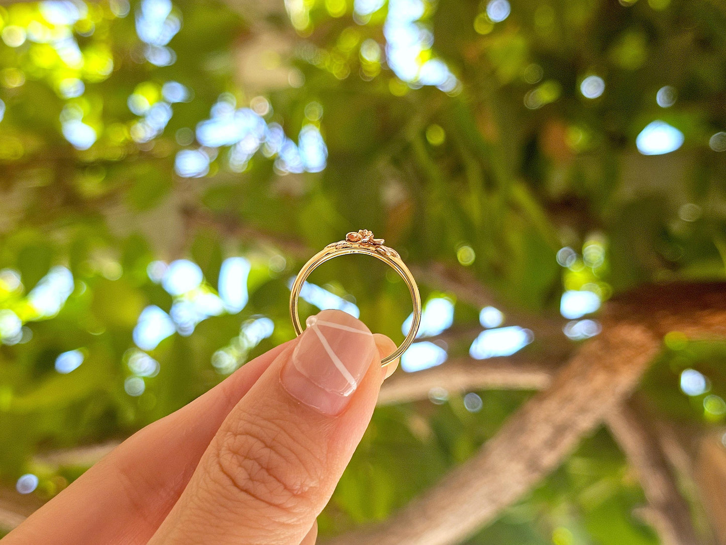 14K Solid Gold Small Flower Ring Band with CZ Stone