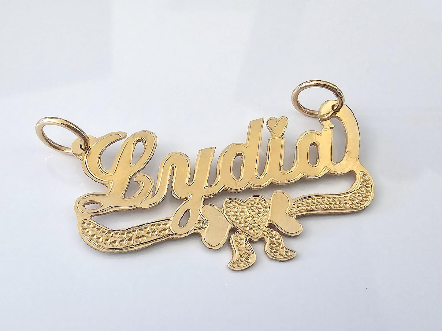 10K Solid Yellow Gold Name Pendant Necklace with Heart Bow Banner