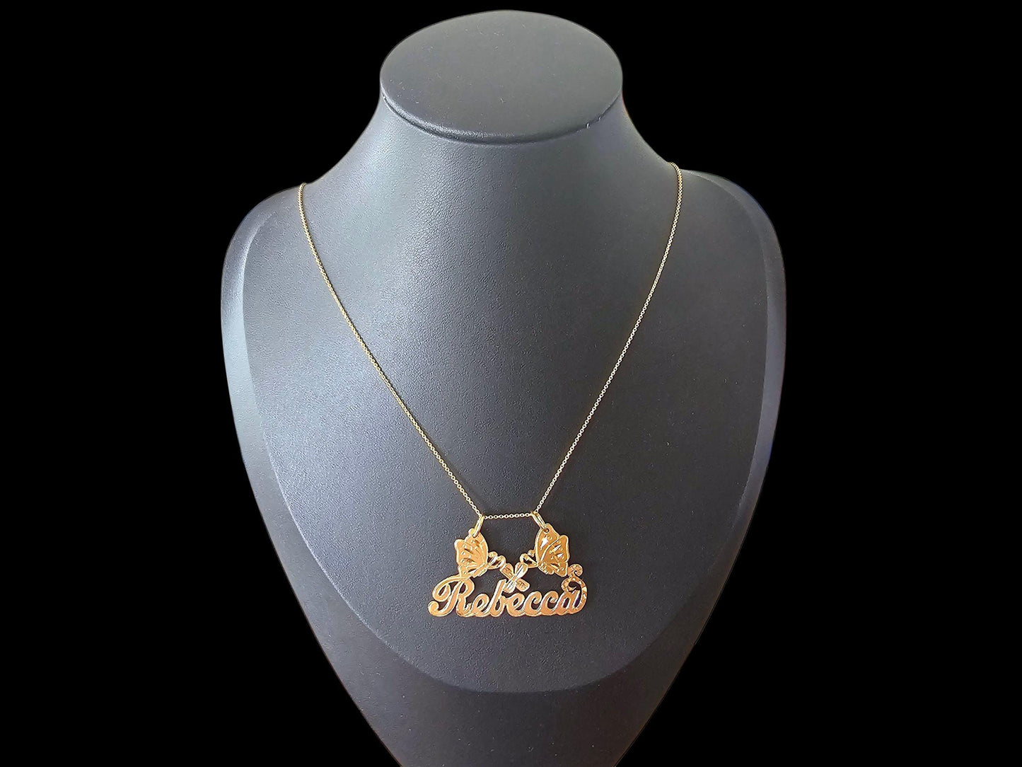 10K Solid Yellow Gold Name Pendant Necklace with Two Large Butterflies