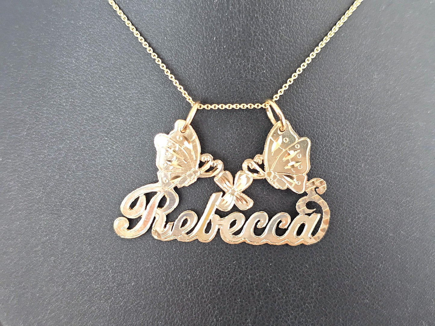 14K Solid Yellow Gold Name Pendant Necklace with Two Large Butterflies
