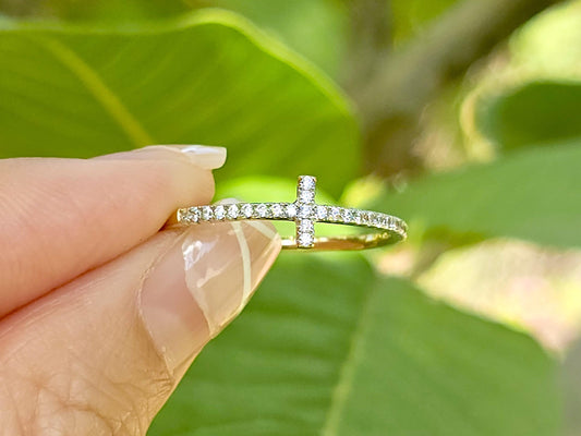 14K Solid Yellow Gold Cross and Heart Two Sided Ring Band with CZ Stones