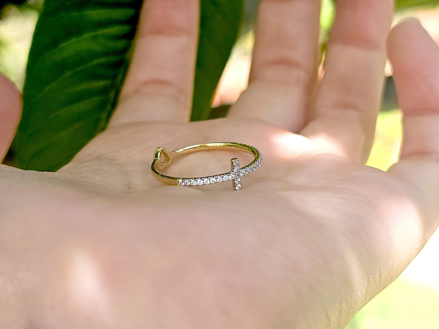14K Solid Yellow Gold Cross and Heart Two Sided Ring Band with CZ Stones