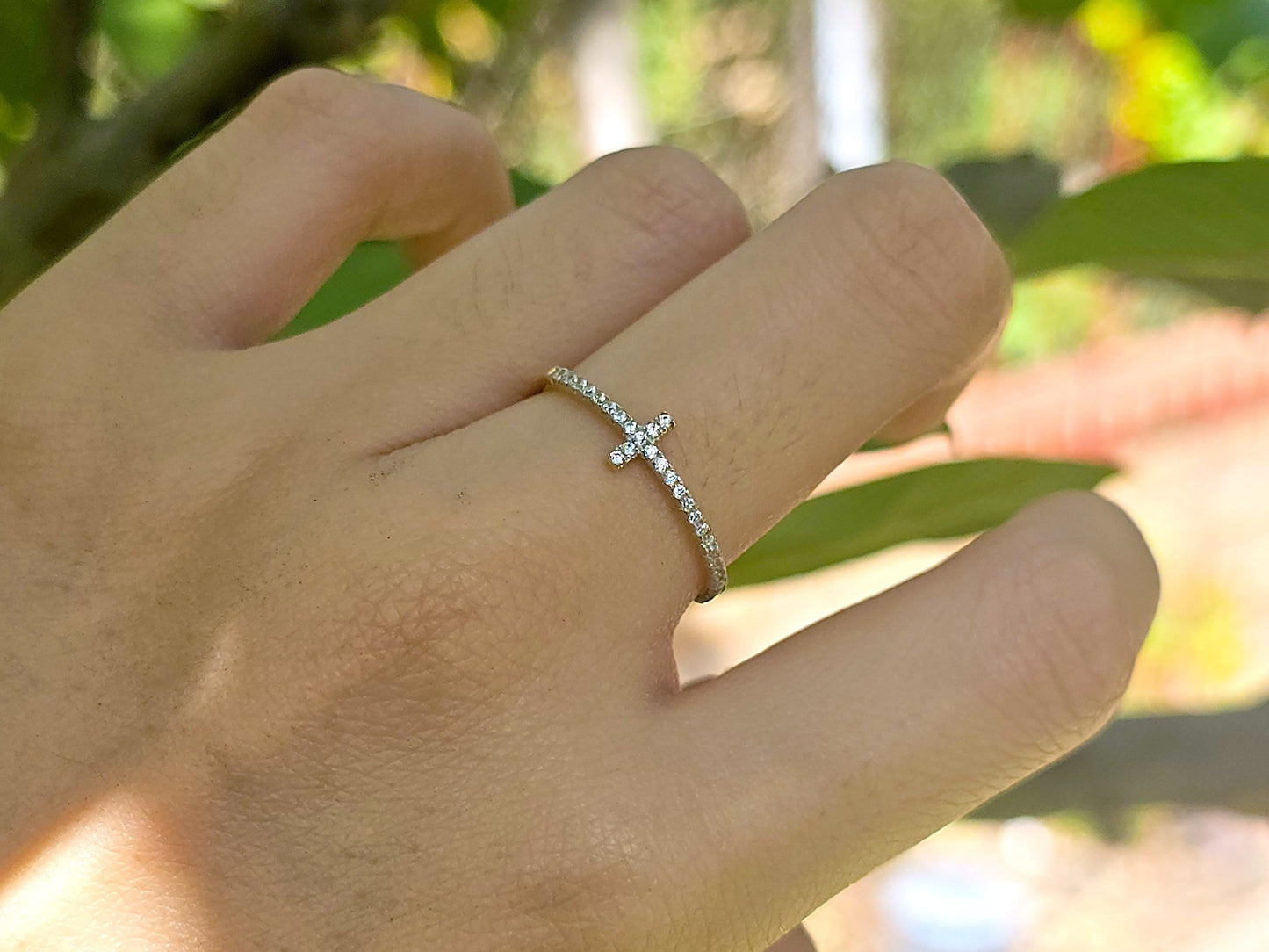 14K Solid Yellow Gold Cross and Heart Two Sided Ring Band with CZ Stones