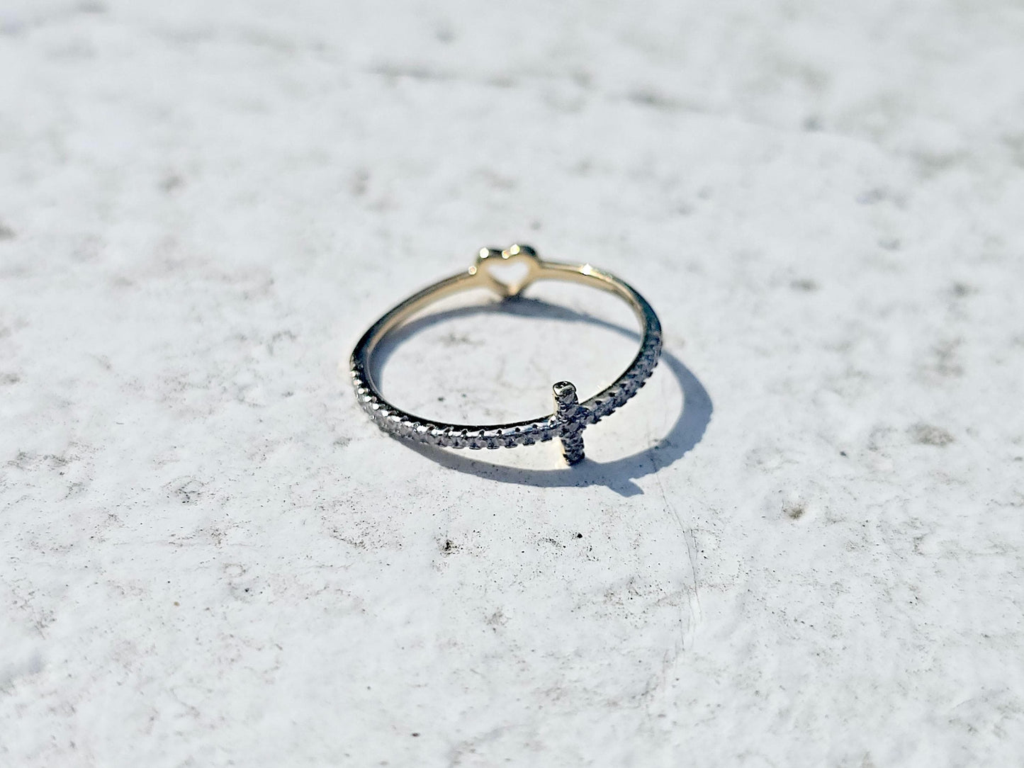 14K Solid Yellow Gold Cross and Heart Two Sided Ring Band with CZ Stones