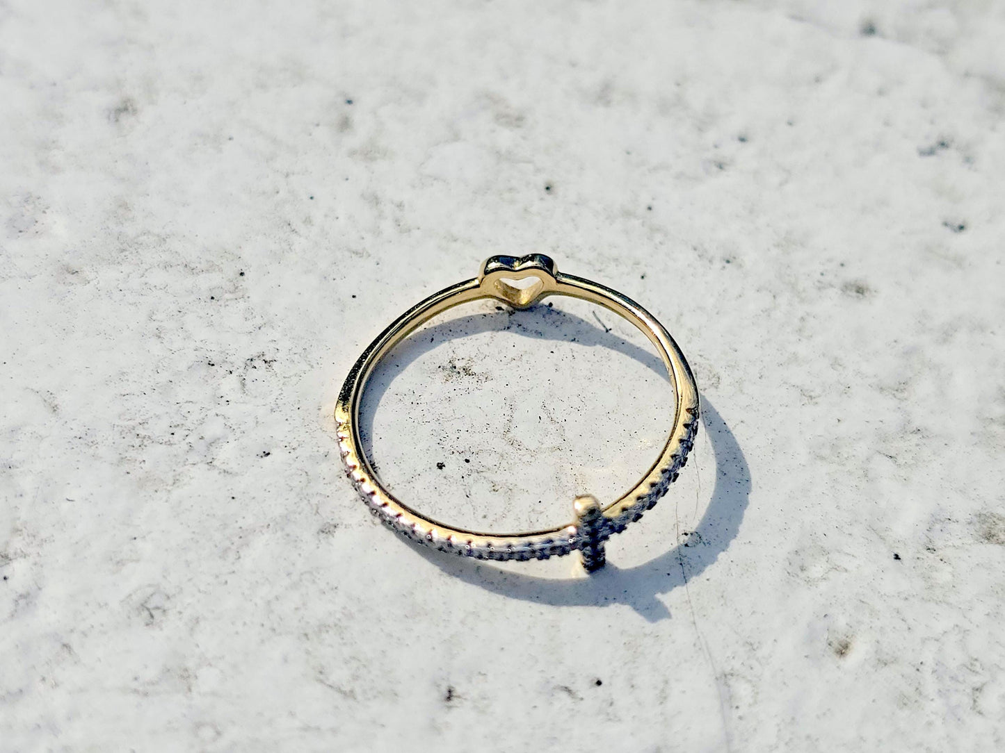 14K Solid Yellow Gold Cross and Heart Two Sided Ring Band with CZ Stones